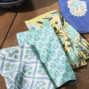 Kiara Mixed Cotton Napkins, Set of 4, Blue Motif