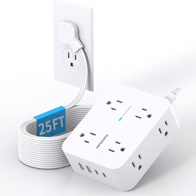 Extension Cord 25 Ft, Power Strip with 4 USB Ports(2 USB C), HANYCONY 1080J Surge Protection, 8 Outlets Extender Desk Charging Station for Home Office Dorm Room Essentials