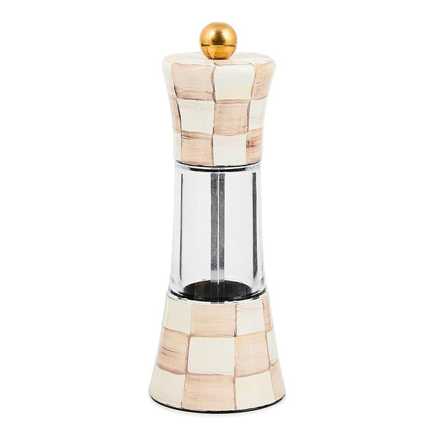 MACKENZIE-CHILDS Enamel Grinder, Refillable Manual Salt Grinder and Pepper Grinder, Brown-and-White Mocha Check