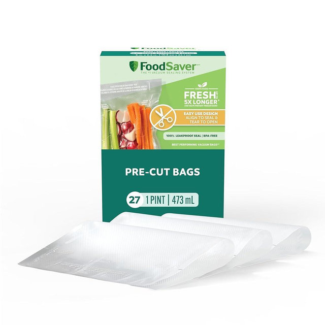 FoodSaver Pint Pre-Cut Vacuum Seal Bags, Easy Use Vacuum Storage Bags, Align to Seal and Tear to Open Vacuum Sealer Storage Bags, 27 Pack