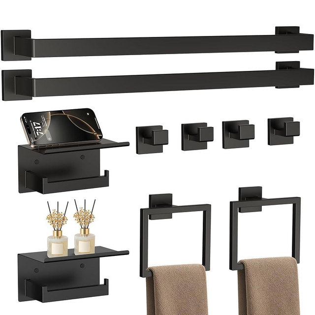 JIXB 10-Piece 23.6 Inch Matte Black Bathroom Hardware Accessories Set, Bath Towel Bar Set, SUS304 Stainless Steel Toilet Paper Holder with Shelf, Towel Hooks, Towel Rings Wall Mounted