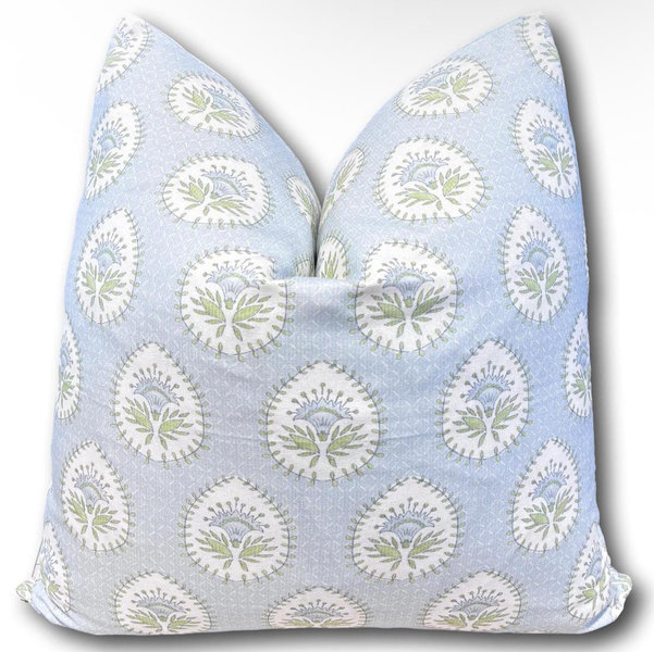 20x20 Spa Blue Pillow Cover in a Pastel Blue on Soft Green Floral Block Print Custom Made Pillow in Danika Herrick Daphne Block Print COVER ONLY - 18 X 18 inches