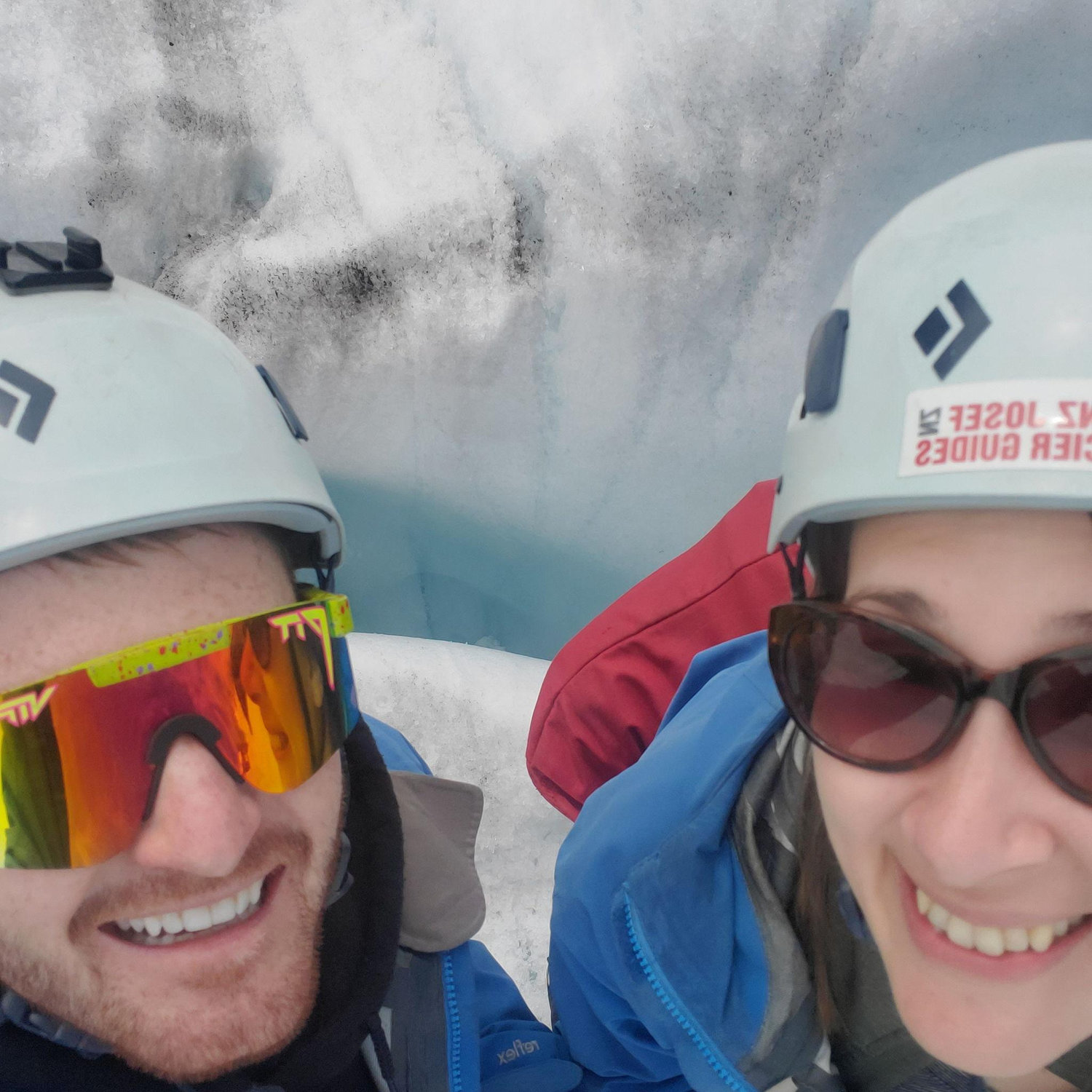 Maria and Shane on top of a Franz Josef Glacier in New Zealand.