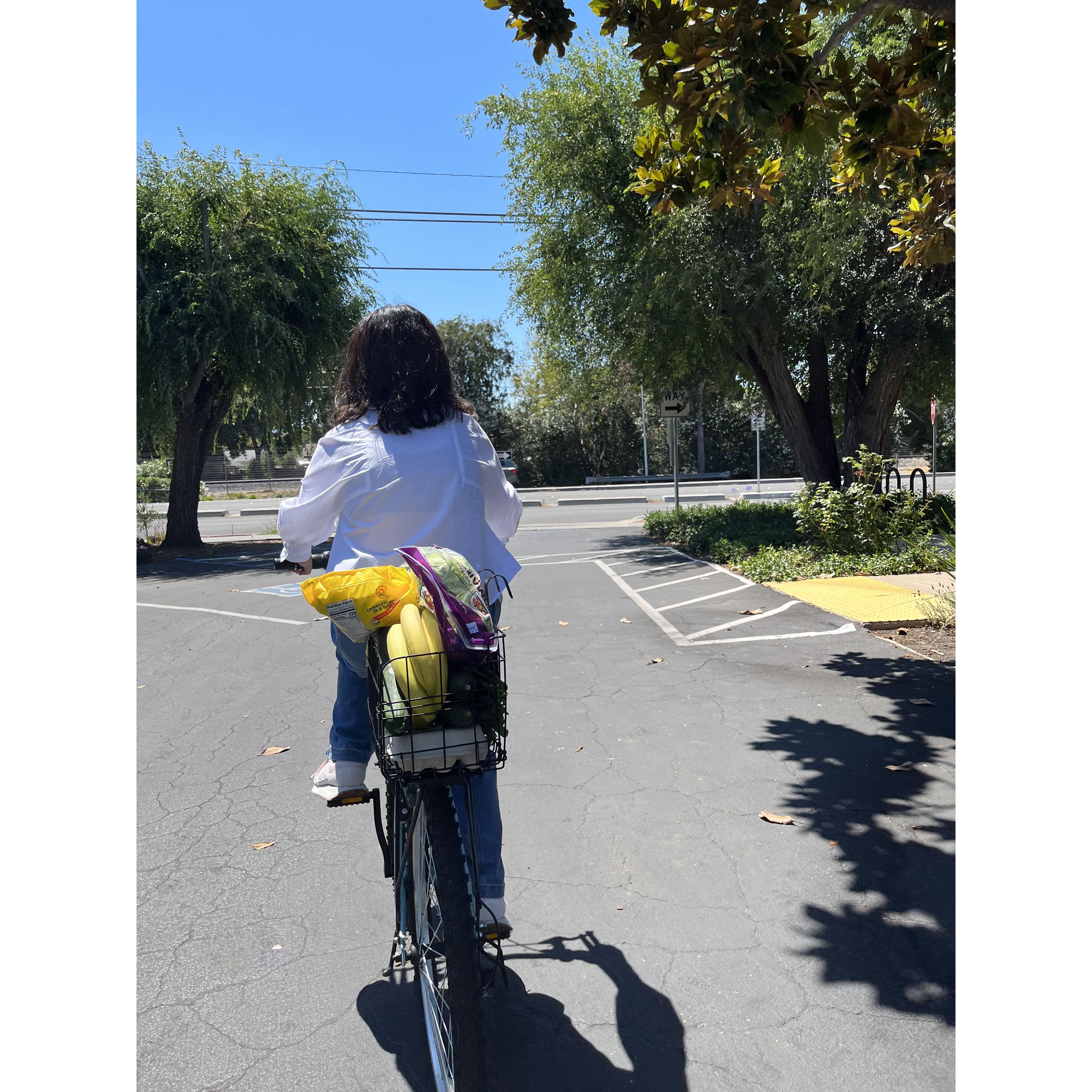 Tutu is biking home after shopping at grocery.