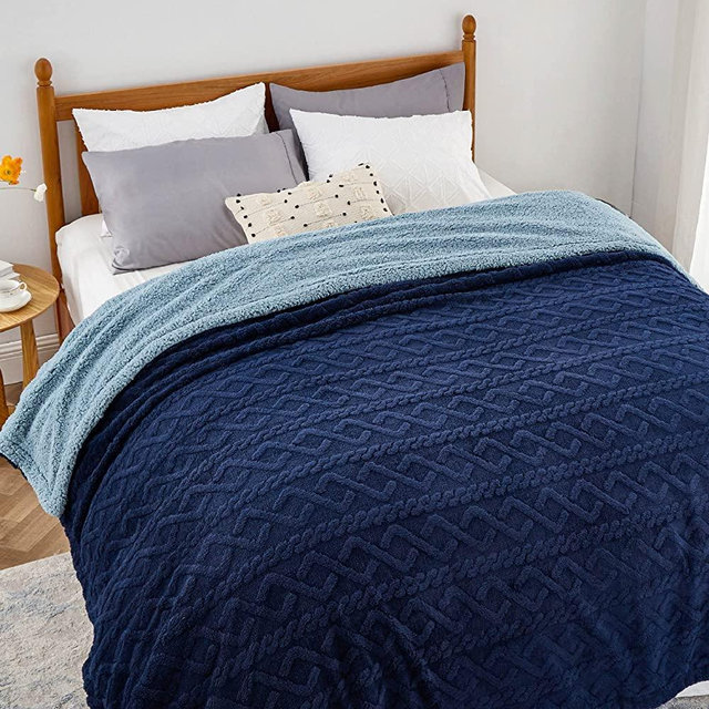 BEDSURE Sherpa Queen Size Blanket for Bed - Fuzzy Soft Cozy Blanket Queen Size, Fleece Thick Warm Blanket for Winter, Navy Blue, 90x90 Inches