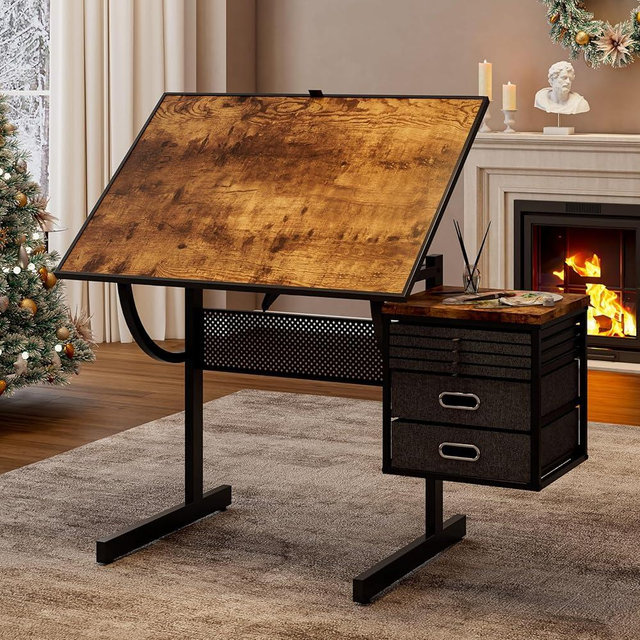 Adjustable Height & Angle Puzzle Table with Wheels, 1500 Pc Jigsaw Puzzle Board for Adults, Metal Puzzle Desk with 4 Felt Trays,2 Storage Drawers & Dual-Sided Wooden Cover, Portable Puzzle Table