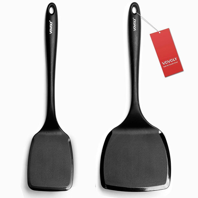 Large Size Silicone Spatula Set, 600°F Heat Resistant Silicone Spatula Turner Flipper for Cooking, Non Stick and Non Scratch Kitchen Utensils for Eggs & Pancakes, 2-Pack, Black