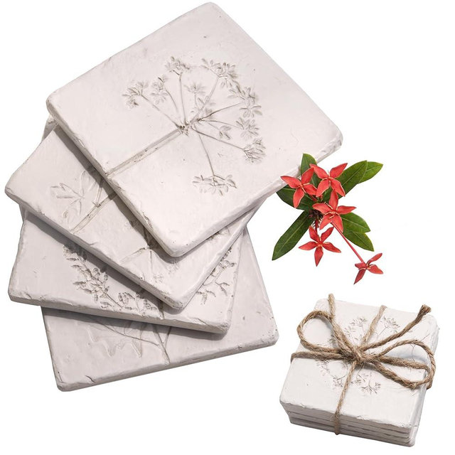 Ceramic Coasters Set of 4 – White Vintage Engraved Flower Design, Non-Slip Cork Base Coasters for Coffee Table, Bar & Home Decor