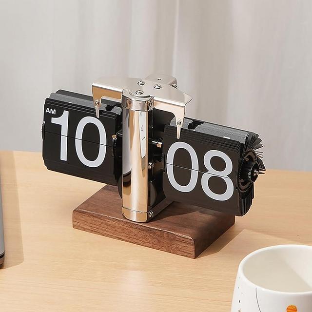 VBESTLIFE Retro Digital Flip Down Clock, Battery Powered Internal Gear Operated Clock, Classic Mechanical, Black Walnut Base, for Home & Office Decor (Metal Black)