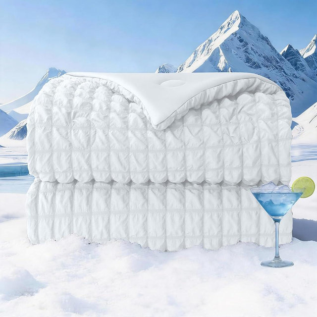 bedsmile Seersucker Cooling Comforter Queen Size, Q-Max 0.45 Reversible Cooling Blanket for Hot Sleepers, Breathable Lightweight Silk Smooth Summer Bedding, Quilted Ice Blanket, White