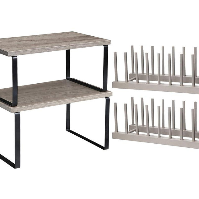 Marsui 4 Pcs Kitchen Organizer Accessories Set Cabinet Organizer Shelf and Bamboo Dish Drying Plate Rack Counter Shelves Storage Holder for Spice Rack, Dish, Pot Lid, Bowl, Cup (Gray)