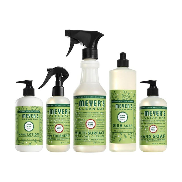 Mrs. MEYER'S Clean Day Iowa Pine Scent Variety Pack, Liquid Hand Soap 12.5 Fl Oz, Liquid Dish Soap 16 Fl Oz, Multi-Surface Cleaner 16 Fl Oz, Room Freshener 8 Fl Oz, Hand Lotion 12 Fl Oz, 1 CT