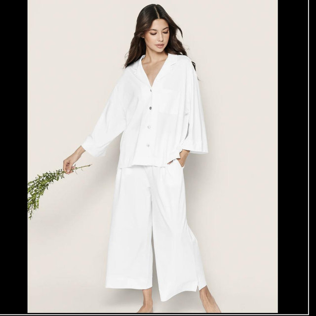 The Olivia Wide Leg Pima Pajama Set in White- Monogrammed ING