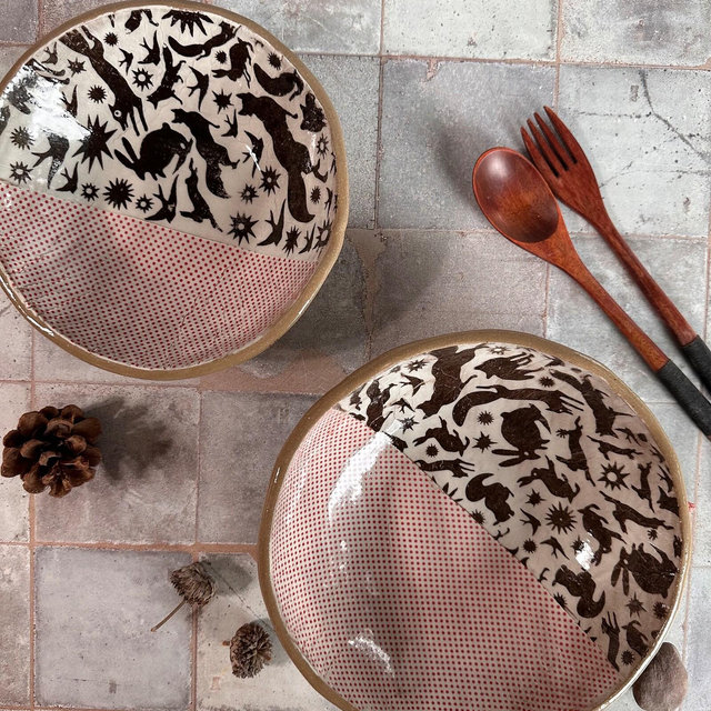 Nesting bowls set of two, Ceramic serving bowls, Handmade pottery, Woodland theme gifts