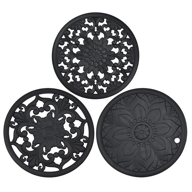 Silicone Trivet Mat, Set of 3 Heat Resistant Trivet for Hot Dishes Trivets for Hots Pots and Pans, Trivet Flexible Non Slip Potholder Hot Pads for Kitchen - Black