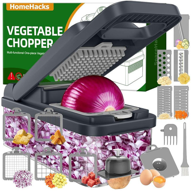 HomeHacks Vegetable Chopper Vegetable Cutter, 15 in 1 Kitchen Gadget, Dicer, Slicer, Onion Cutter, Salad, Cheese Grater & Egg Separator - Multi-Functional Veggie Chopper Lid with Handle (Grey)