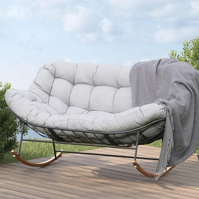 Grand patio Rocking Chair Outdoor, Oversized Papasan Rocking Chair for 2 with E-Coated Steel Frame and Thick Cushion, Comfy Rocking Loveseat Chair for Patio Porch Deck, Grey, Ideal Gifts for Father