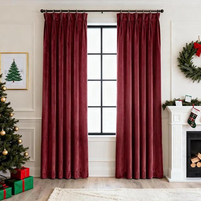Triple Pleated Red Velvet Curtains 96 inches Long 2 Panel Thermal Insulated Pinch Pleat Burgundy Blackout Velvet Drapes Room Darkening Thick Luxury Modern Elegant Christmas Living Room Curtain 8 ft