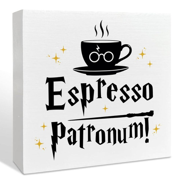 Espresso Patronum Funny Coffee Bar Wizard Wood Box Accessories Desk Decor Sign for Home Kitchen Cafe, Coffee Lover Gifts for Women Men