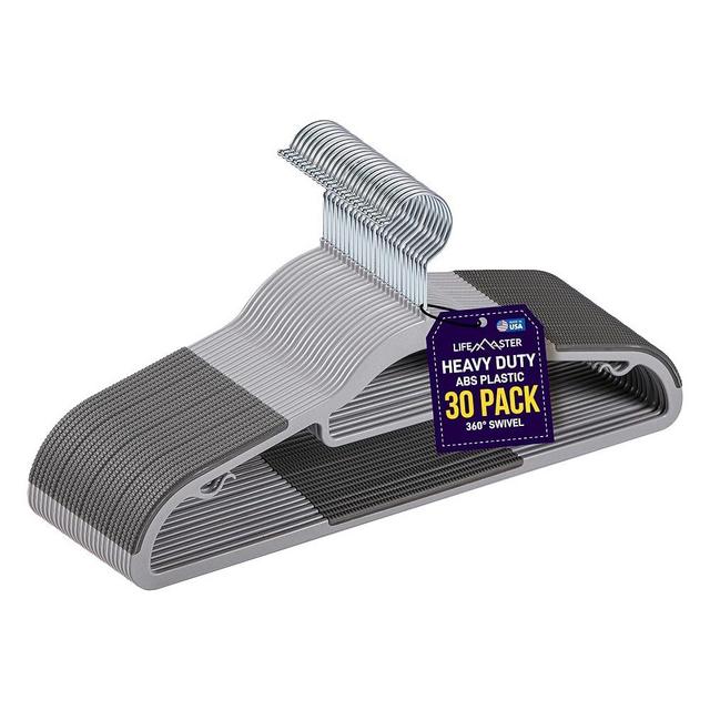 Lifemaster Plastic Clothes Hanger Set - 30 Pieces Versatile, Lightweight, Space-Saving, Non-Slip, Slim Designed, Dry and Wet Clothes Hanger Set with 360° Swivel Hook and Rubber Coating - Gray