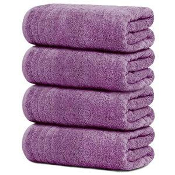 Pack of 4 Extra Large Bath Towels 30 x 60 Inches, 100% Cotton, Larger & Lighter Weight, Quicker to Dry, Super Soft and Absorbent, Perfect for Bathroom, Purple