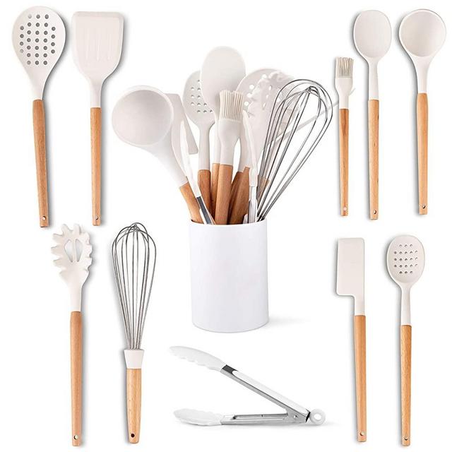 Five14 11-Pc. White Silicone Kitchen Utensils Set Heat Resistant Silicone Cooking Utensils Bamboo Wooden Handles Non-Stick Silicone Cooking Set Holder, Spatula, Tongs, Whisk, Brush, Spoon, BPA-Free