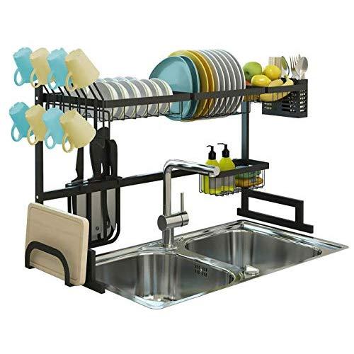 Over Sink Dish Drying Rack, Drainer Shelf for Kitchen Supplies Storage, Counter Organizer, Utensils Holder, 2 Tier for Kitchen Countertop, Rustless Stainless Steel, Space Saver Display Stand (Black)