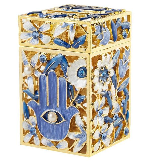 Matashi Hand Painted Enamel Tzedakah Charity - Treasure Box Keepsake with Crystals and Hamsa Protects Against Evil Eye Motif Design with Gold Accents, Judaica Home Decor Piggy Bank Gift for Holiday