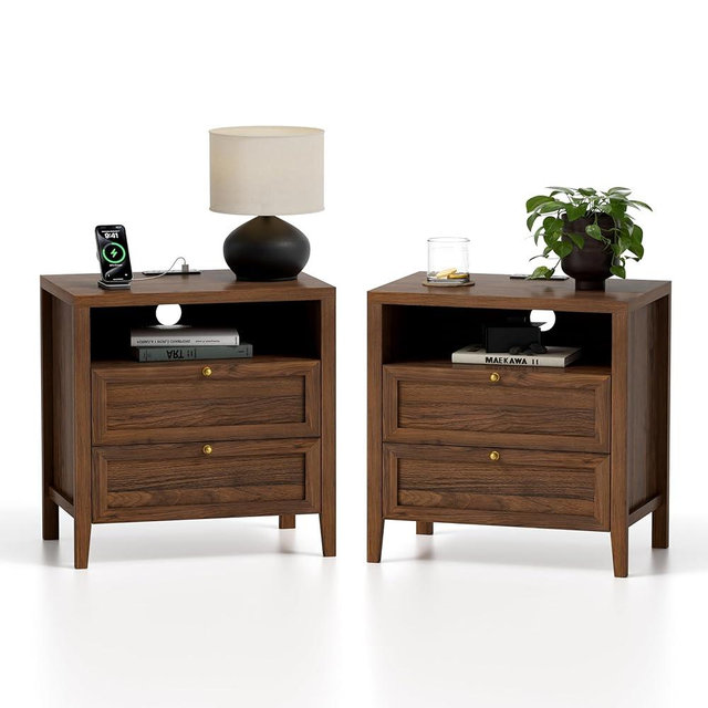 EYYTHUNG Modern Nightstands Set of 2 with 2 Drawers Wooden End Table with Charging Station Farmhouse Night Stand Bedside Side Table with Storage Open Shelf for Sofa, Bedroom, Brown