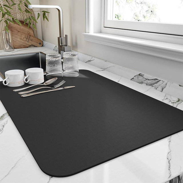 HotLive Dish Drying Mat for Kitchen Counter, Heat Resistant Drainer Mats with Non-slip Rubber Backed, Hide Stain Kitchen Super Absorbent Draining Mat, Easy to Clean Dish Rack Pad, Black 16"x20"