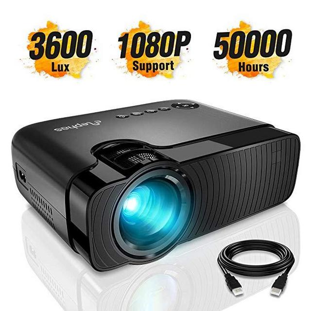 ELEPHAS Mini Projector, Full HD 1080P and 180" Display, 3600 Lux Portable Home Theater Projector with 50,000 Hours LED Lamp Life, Compatible with USB/HD/SD/AV/VGA Interfaces