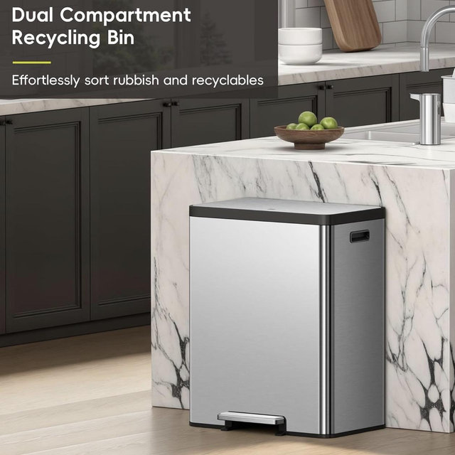 EKO EcoCasa II 36L+24L Dual Trash Can with Recycle Bin, Stainless Steel Garbage Can with Lid, Deodorizer Compartment, Odor-Proof and Fingerprint Resistant