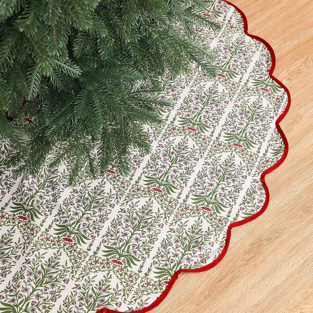 MiniInflat Christmas Tree Skirt Cotton Floral Block Tree Skirt in Nature Color for Home Xmas Party Seasonal Holiday Decoration Indoor Outdoor(60 Inch,Prune Red)