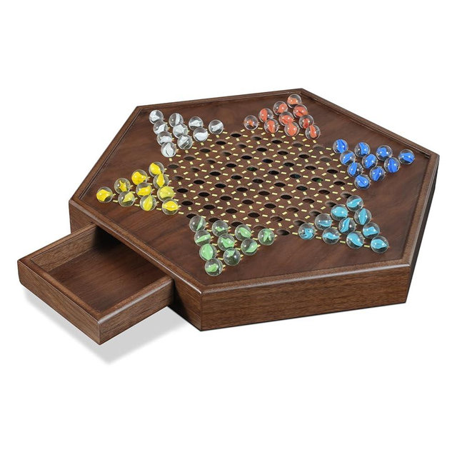Chinese Checkers Set, 15 Inch Wooden Checkers Board Game with 60+12 Colorful Glass Marbles Fun Family Chinese Checkers Game for 2-6 Players