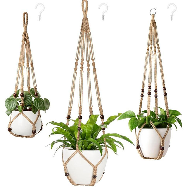 Mkono 3 Pack Macrame Plant Hangers Indoor Different Size Hanging Planter Basket Flower Pot Holder with Beads No Tasselss 43"/35"/29", Large, Brown