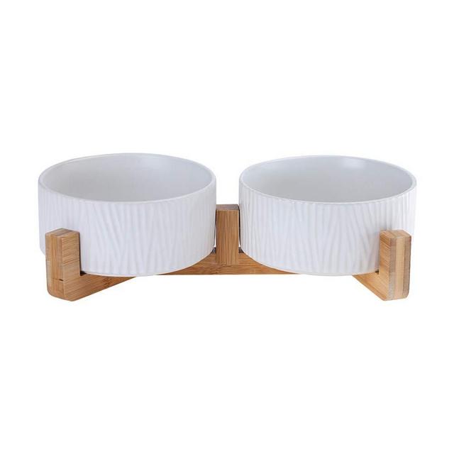 Ceramic Cat Bowl with Wood Stand No Spill Pet Food Water Feeder Cats Small Dogs