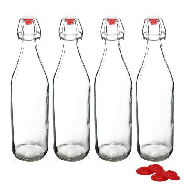 YEBODA Clear Glass Bottles with Stopper For Home Brewing Beer Kombucha Kefir & Airtight Silicone Seal 32 oz(4 Set)