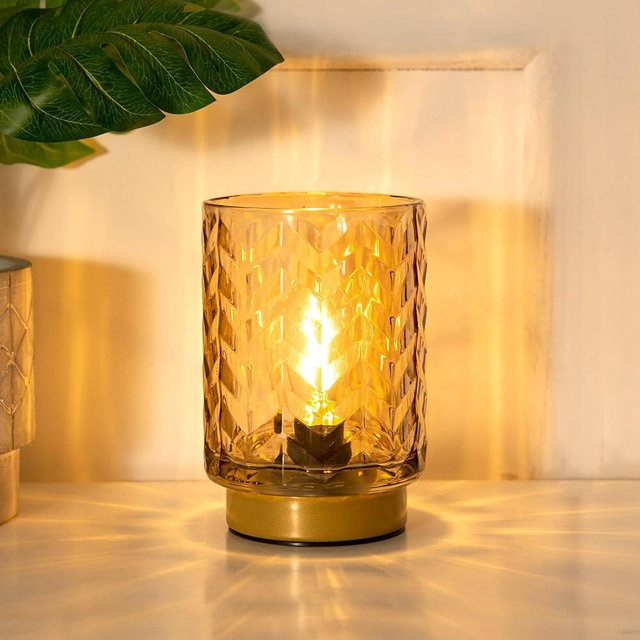 LUSHARBOR Battery Operated Lamp with Timer, Small Table Lamp with LED Bulb, Glass Cordless Lamps Bedside Battery Operated Lamp for Living Room, Entryway Wave Design-Amber