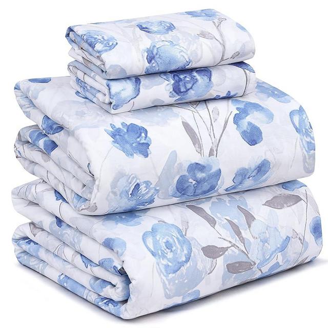 RUVANTI 100% Cotton Sheets Queen Size Set, 4 Pieces, Soft & Breathable Percale Weave Bedding, Deep Pocket 16", Hotel Standard, Crisp Cool Feeling, Durable, Perfect Floral Bed Sheet, Monotones