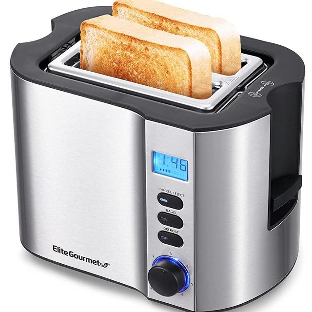 Elite Gourmet ECT2145 Extra Wide Slot 2-Slice Toaster, Bagel Function Reheat, Defrost, & Cancel Functions, 6 Toast Settings, Built-in Warming Rack, Countdown Timer, Stainless Steel