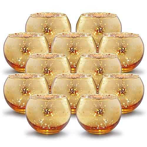 Volens Round Gold Votive Candle Holders Bulk, Mercury Glass Tealight Candle Holder Set of 12 for Wedding Decor and Home Decor