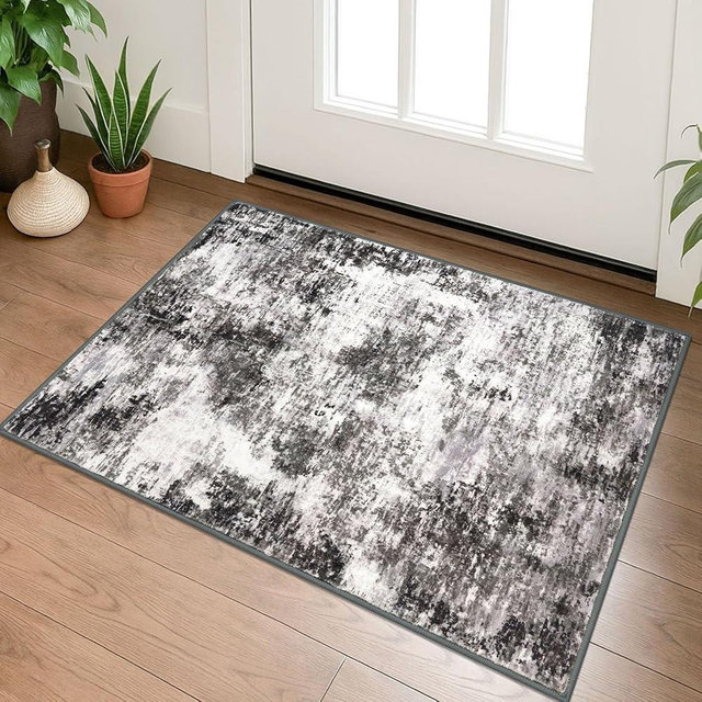 Lansny Modern Abstract Entryway Rug Indoor 2x3 Washable Non-Slip Soft Black Grey Small Area Rug Kitchen Mat Thin Print Faux Wool Floor Carpet for Entrance Bedroom Office