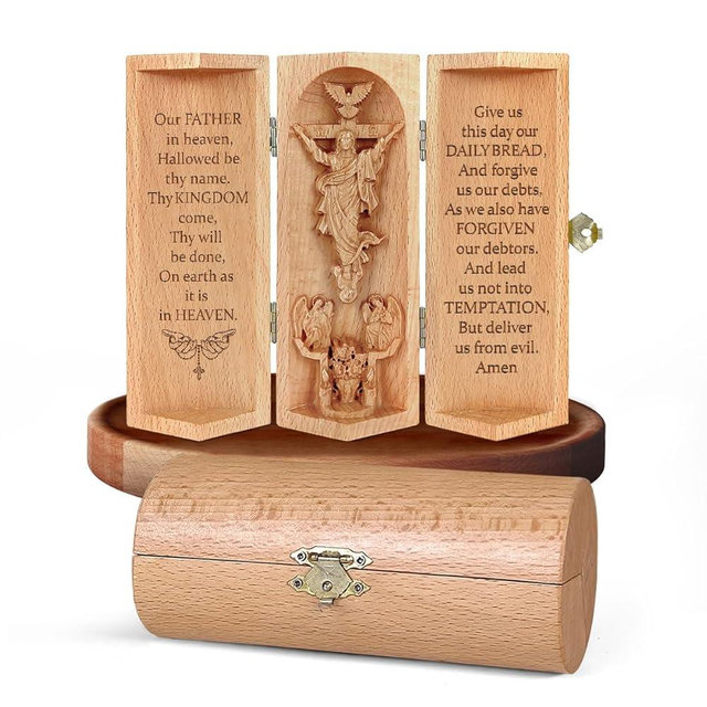 Jesuspirit - Christian Decor, Catholic Wooden Statue, Home Decor - Openable Wooden Cylinder Sculpture of Jesus (B - Our Father - Size S)
