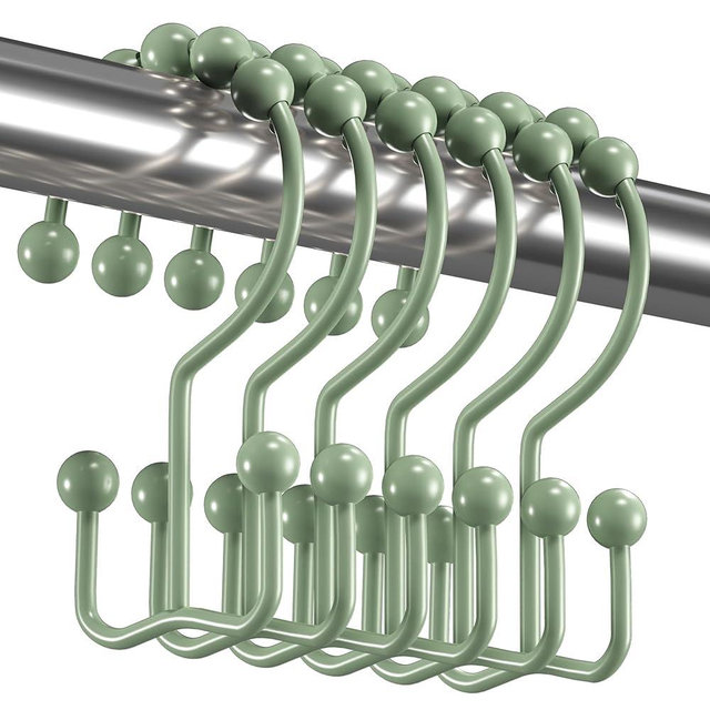 Titanker Shower Curtain Hooks Rings, Rust-Resistant Metal Double Glide Shower Hooks for Bathroom Shower Rods Curtains, Set of 12 Hooks - Sage Green
