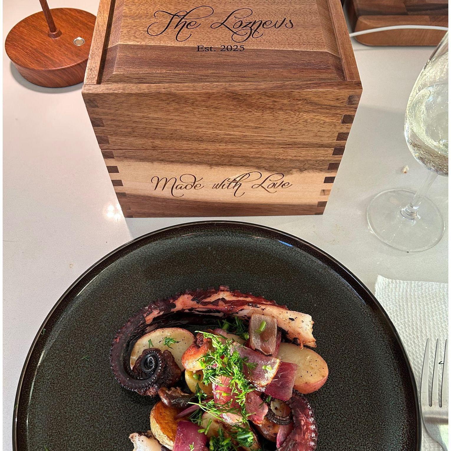 We're filling our family recipe box to record our favorite dishes. Our first family heirloom is filled with recipes from our wedding guests and family <3