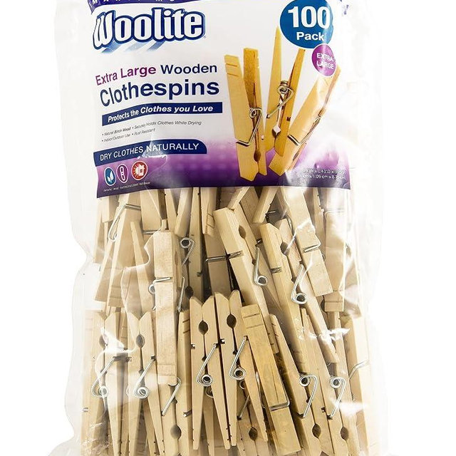 Laundry 360 Extra Large Wooden 100 Pack Clothespins| Dimensions: 0.4 x 0.43 x 3.25 inches| Perfect for Indoor and Outdoor Use| Great for Hanging Clothes, Art & Crafts| Bags, Rust Resistant