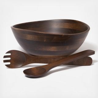 Matte Walnut Finish Wavy Rim Bowl with Salad Servers