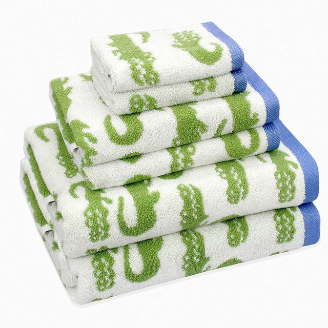 ORIGINAL KIDS 6 Piece Towel Set - Bath Time in A While Crocodile- 2 Bath Towels, 2 Hand Towels, 2 Washcloths - 100% Cotton Jacquard Soft Absorbent Pool Beach Towel Gift - Green Blue