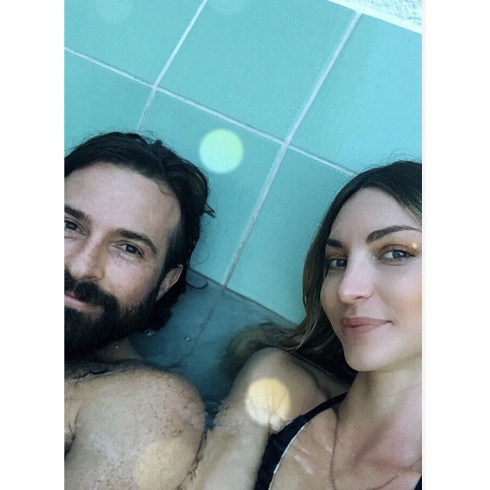Utilizing our tiny outdoor bathtub in Tulum, Mexico