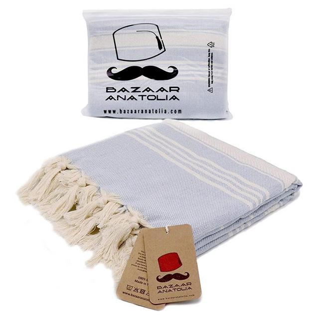 Bazaar Anatolia Stripe Turkish Towel 100% Cotton Peshtemal Bath Towel 75x38 Thin Lightweight Travel Camping Bath Sauna Beach Gym Pool Blanket Fouta Quick Dry Towels (Blue)